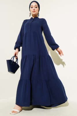 Yarım Düğmeli Hakim Yaka Müslin Elbise Lacivert