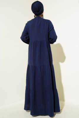 Yarım Düğmeli Hakim Yaka Müslin Elbise Lacivert - Tesettür Elbise
