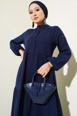 Yarım Düğmeli Hakim Yaka Müslin Elbise Lacivert - Tesettür Elbise