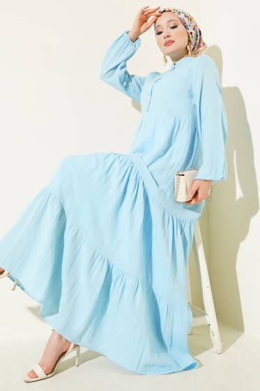 Yarım Düğmeli Hakim Yaka Müslin Elbise Mavi - Elbise