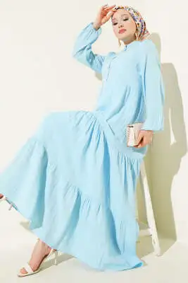 Yarım Düğmeli Hakim Yaka Müslin Elbise Mavi 