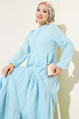 Yarım Düğmeli Hakim Yaka Müslin Elbise Mavi - Tesettür Elbise