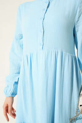 Yarım Düğmeli Hakim Yaka Müslin Elbise Mavi - Tesettür Elbise