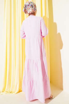 Yarım Düğmeli Hakim Yaka Müslin Elbise Pembe - 700-1000 TL Ürünler
