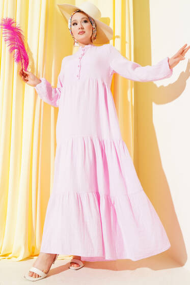 Yarım Düğmeli Hakim Yaka Müslin Elbise Pembe - Elbise