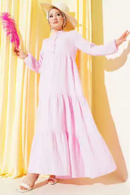 Yarım Düğmeli Hakim Yaka Müslin Elbise Pembe - Tesettür Elbise