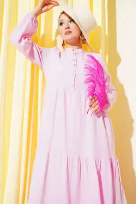 Yarım Düğmeli Hakim Yaka Müslin Elbise Pembe - Tesettür Elbise