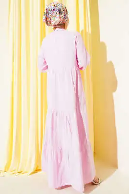 Yarım Düğmeli Hakim Yaka Müslin Elbise Pembe - Tesettür Elbise