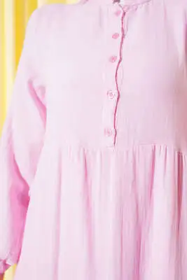 Yarım Düğmeli Hakim Yaka Müslin Elbise Pembe - Tesettür Elbise