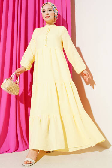 Yarım Düğmeli Hakim Yaka Müslin Elbise Sarı - Elbise