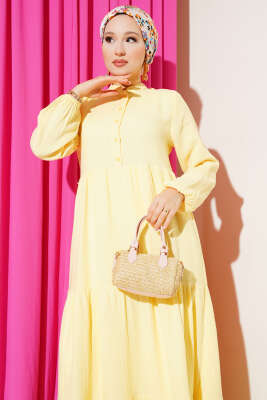 Yarım Düğmeli Hakim Yaka Müslin Elbise Sarı - Tesettür Elbise