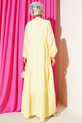Yarım Düğmeli Hakim Yaka Müslin Elbise Sarı - Tesettür Elbise