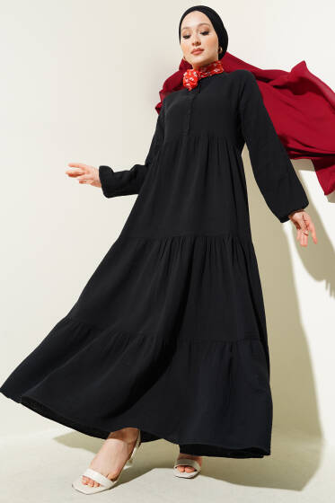 Yarım Düğmeli Hakim Yaka Müslin Elbise Siyah - Elbise