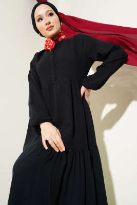 Yarım Düğmeli Hakim Yaka Müslin Elbise Siyah - Tesettür Elbise