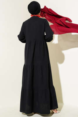 Yarım Düğmeli Hakim Yaka Müslin Elbise Siyah - Tesettür Elbise