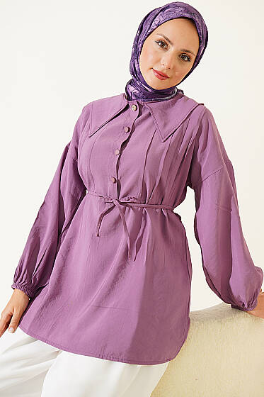 Yarım Düğmeli İp Bağcıklı Tunik Lila - Tunik