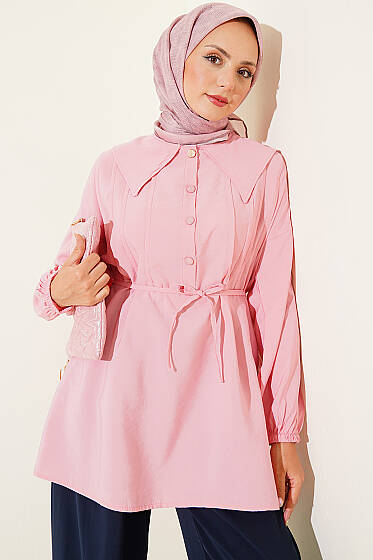 Yarım Düğmeli İp Bağcıklı Tunik Pembe - Tunik