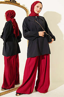 Yarım Düğmeli İp Bağcıklı Tunik Siyah - Tunik