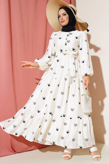 Yarım Düğmeli Kalp Desen Elbise Ekru - Elbise