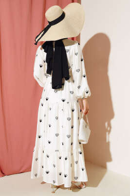 Yarım Düğmeli Kalp Desen Elbise Ekru - Tesettür Elbise