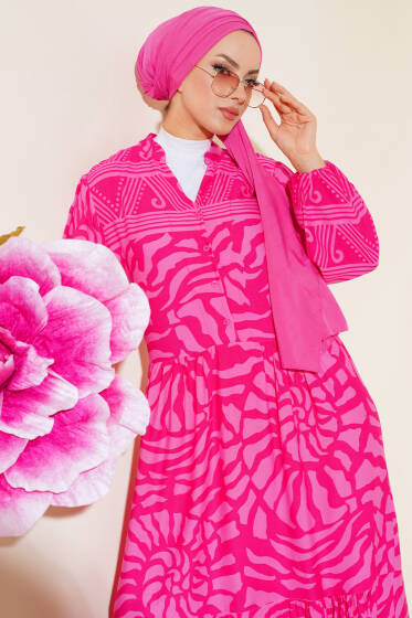 Yarım Düğmeli Karışık Desen Elbise Fuşya - Elbise