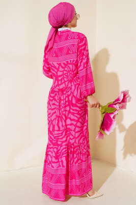 Yarım Düğmeli Karışık Desen Elbise Fuşya - Tesettür Elbise