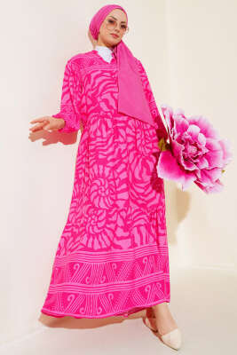 Yarım Düğmeli Karışık Desen Elbise Fuşya - Tesettür Elbise