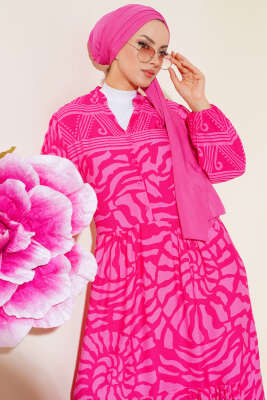 Yarım Düğmeli Karışık Desen Elbise Fuşya 