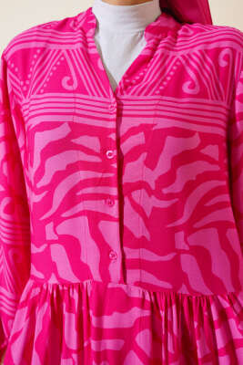 Yarım Düğmeli Karışık Desen Elbise Fuşya - Tesettür Elbise