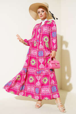 Yarım Düğmeli Karışık Desen Elbise Fuşya Yeşil 