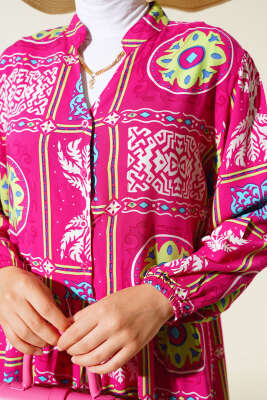 Yarım Düğmeli Karışık Desen Elbise Fuşya Yeşil - Tesettür Elbise