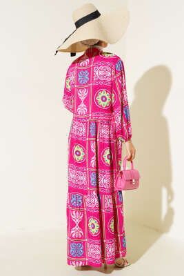 Yarım Düğmeli Karışık Desen Elbise Fuşya Yeşil - Tesettür Elbise