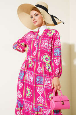 Yarım Düğmeli Karışık Desen Elbise Fuşya Yeşil - Tesettür Elbise