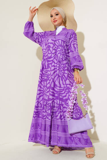 Yarım Düğmeli Karışık Desen Elbise Menekşe - Elbise