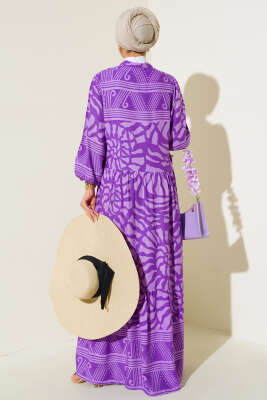 Yarım Düğmeli Karışık Desen Elbise Menekşe - Tesettür Elbise