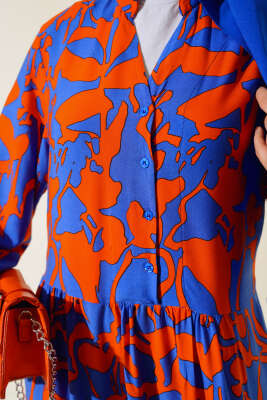 Yarım Düğmeli Karışık Desen Elbise Saks Oranj - 4