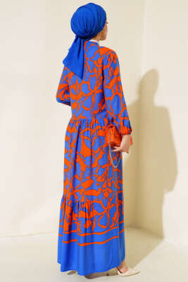 Yarım Düğmeli Karışık Desen Elbise Saks Oranj - Tesettür Elbise