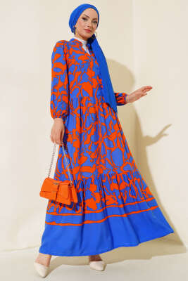 Yarım Düğmeli Karışık Desen Elbise Saks Oranj 