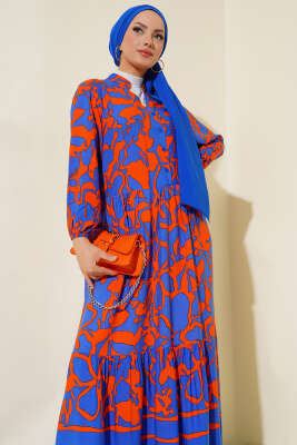 Yarım Düğmeli Karışık Desen Elbise Saks Oranj - Tesettür Elbise