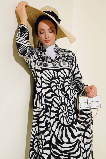 Yarım Düğmeli Karışık Desen Elbise Siyah Beyaz - Elbise