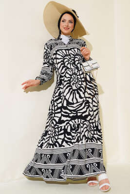 Yarım Düğmeli Karışık Desen Elbise Siyah Beyaz - Tesettür Elbise