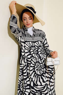 Yarım Düğmeli Karışık Desen Elbise Siyah Beyaz 