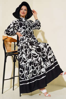 Yarım Düğmeli Karışık Desen Elbise Siyah - YÖNE TEKSTİL