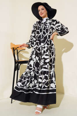 Yarım Düğmeli Karışık Desen Elbise Siyah - Tesettür Elbise