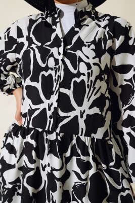 Yarım Düğmeli Karışık Desen Elbise Siyah - Tesettür Elbise