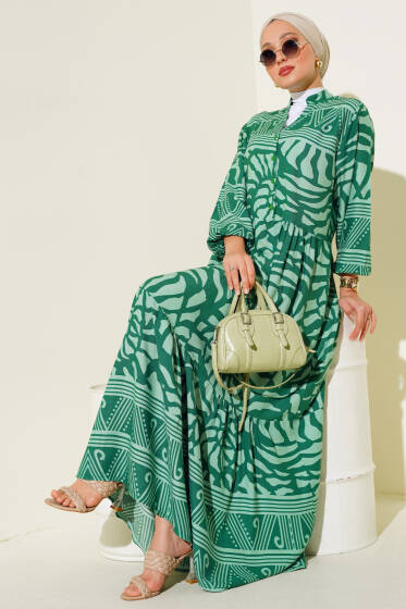 Yarım Düğmeli Karışık Desen Elbise Yeşil - Elbise