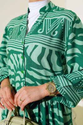 Yarım Düğmeli Karışık Desen Elbise Yeşil - 4