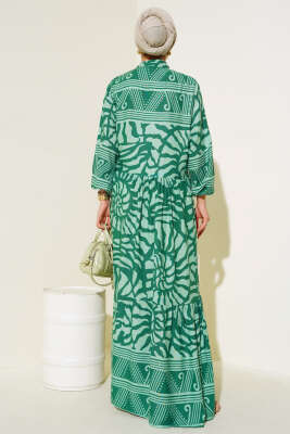 Yarım Düğmeli Karışık Desen Elbise Yeşil - Tesettür Elbise