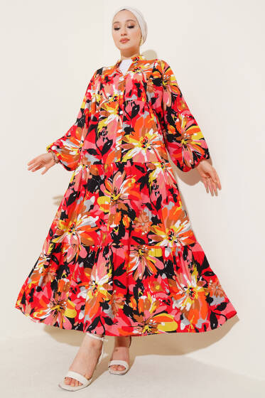Yarım Düğmeli Karmaşık Desenli Elbise Alizarin - Elbise