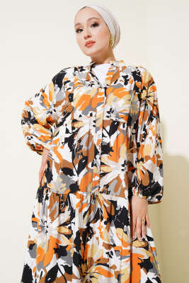 Yarım Düğmeli Karmaşık Desenli Elbise Camel - 500-700 TL Ürünler